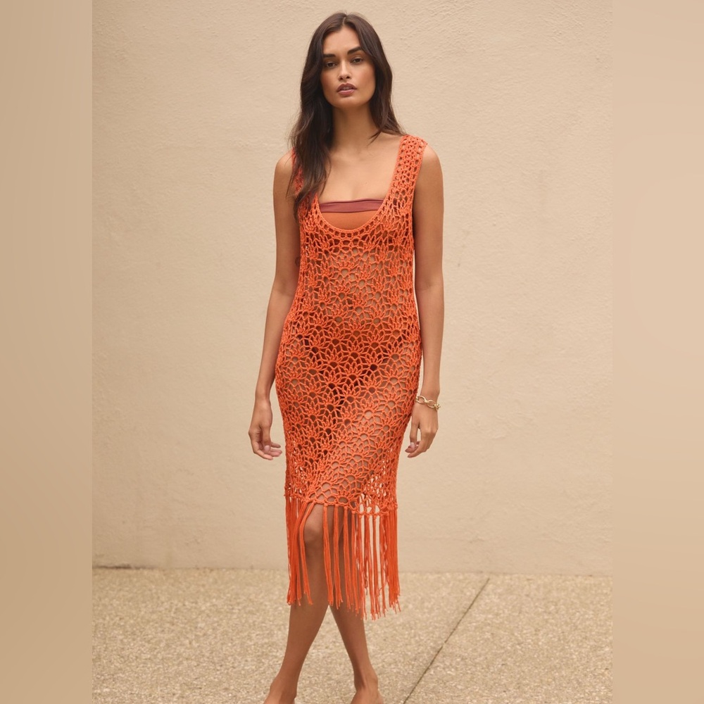 Anthropologie Blue Tassel Crotchet Fringe Tunic Coverup Bathing suit S/M